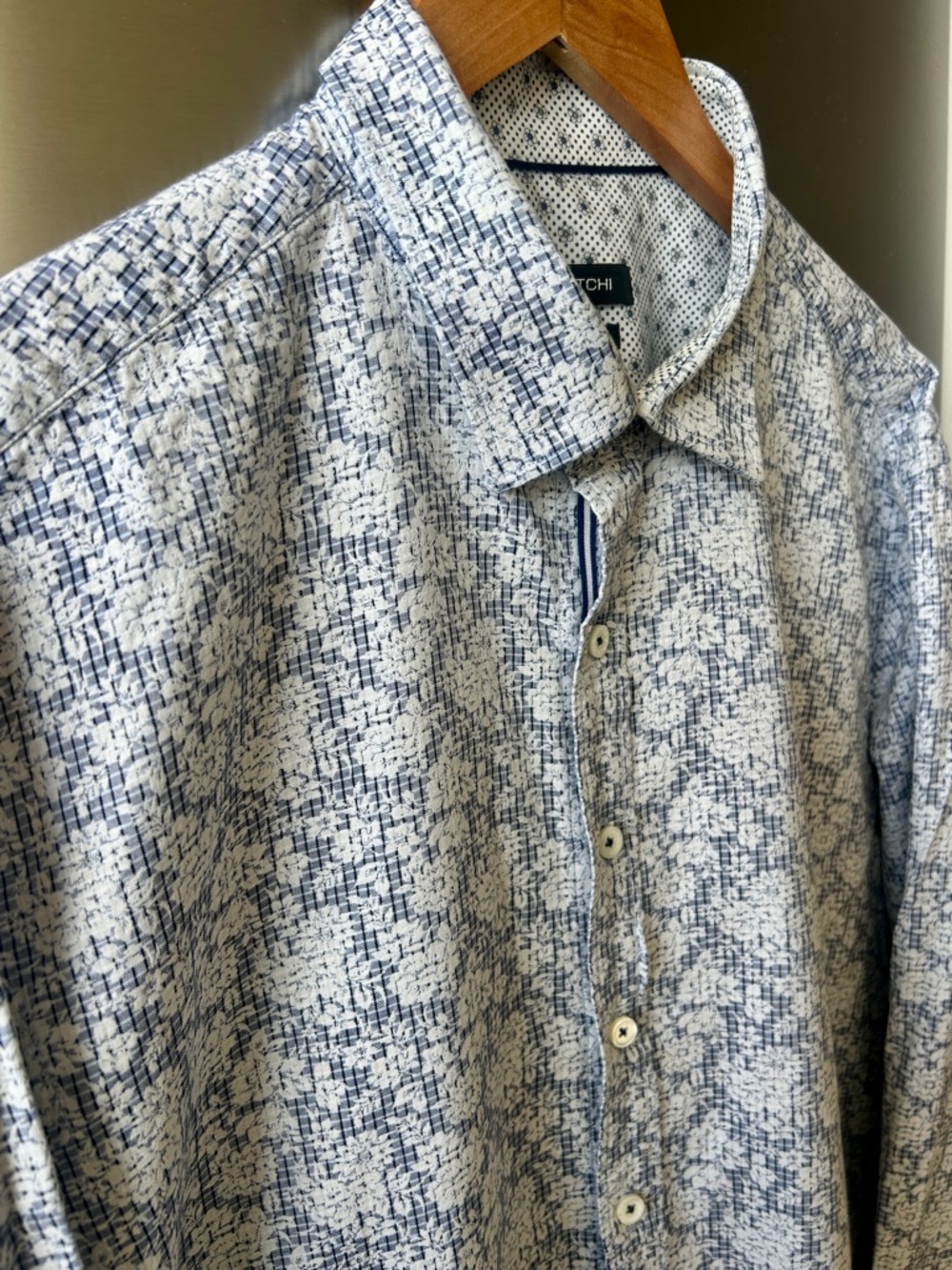 Bugatchi Shaped Fit Button Up Shirt Blue White Pattern Cotton